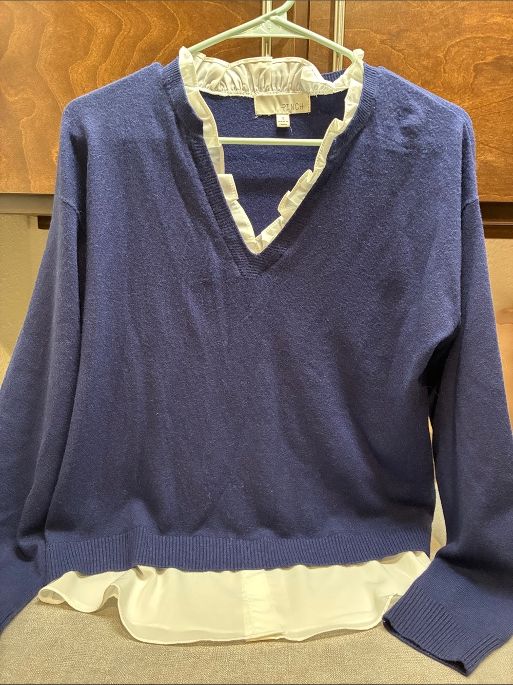 Pinch Navy V-Neck Sweater with White Ruffle Trim